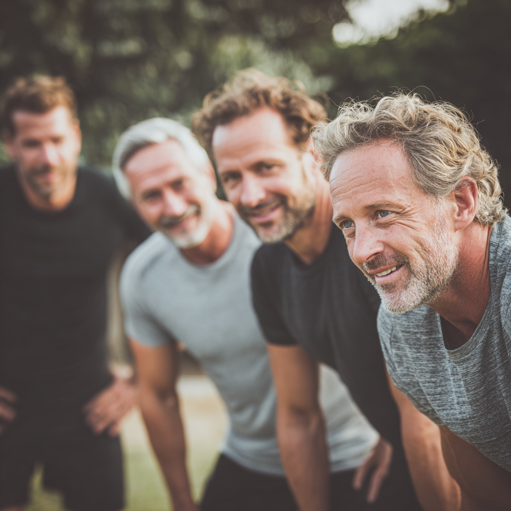 Group of middle-aged men supporting each other during outdoor fitness activities