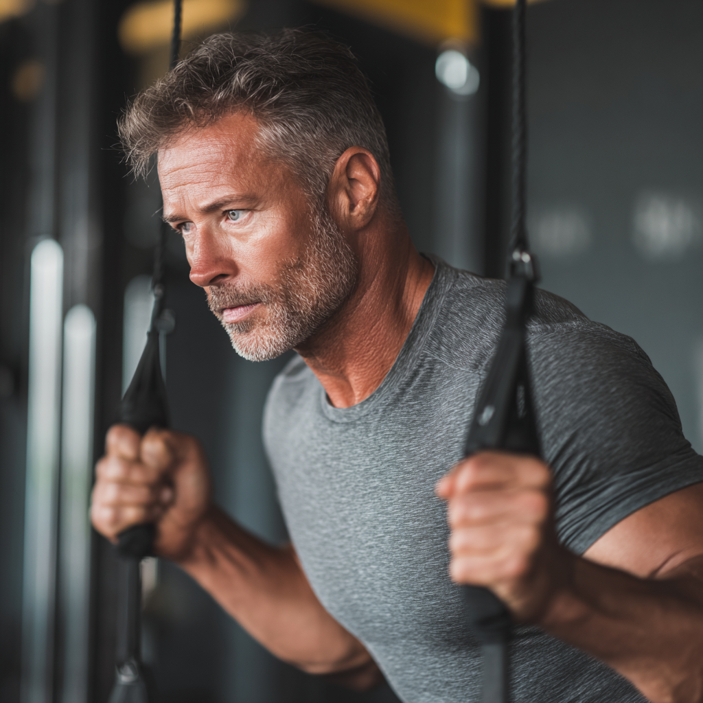 Middle-aged man performing functional strength exercises in modern fitness environment